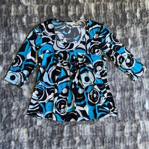 🍁Worthington Stretch Blue, Black, & White Elbow Sleeve Blouse Size Medium